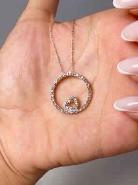 Diamond Circle of Life Heart Necklace 22mm 18in Solid 10K White Gold 30 Stone